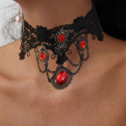 Red Zircon Lace Chain Gothic Choker Necklace
