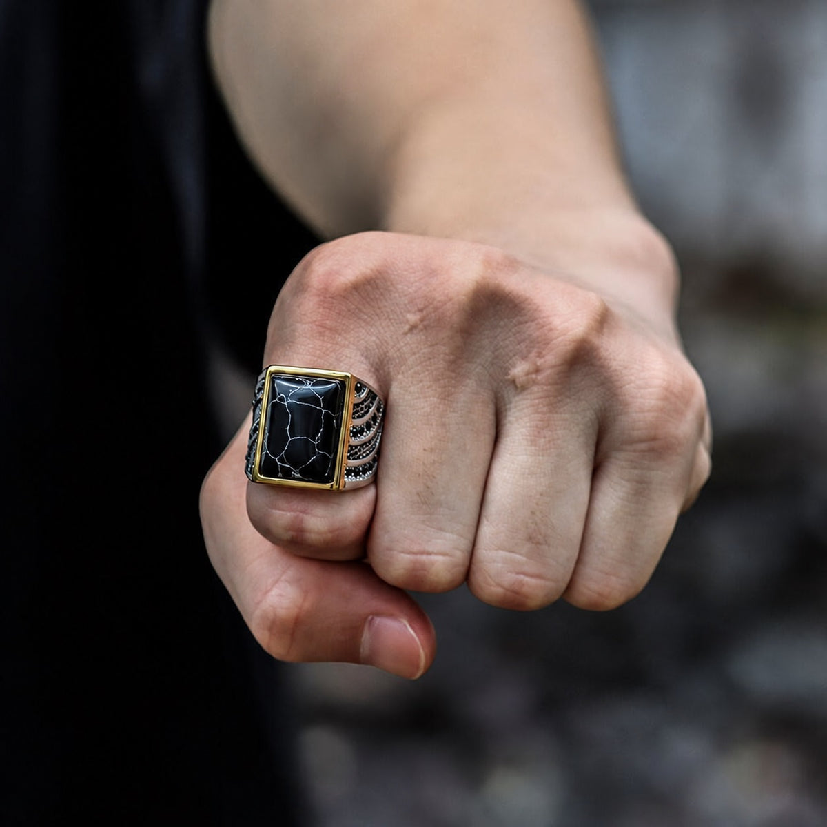 Retro Black Stone Stainless Steel Zircon Ring
