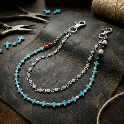 Retro Double-Layer Turquoise Cross Skull Alloy Pants Chain