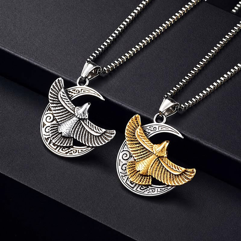 Retro Eagle Moon Pendant in Stainless Steel