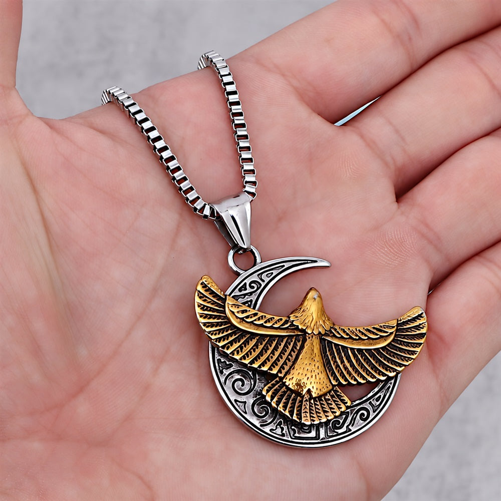Retro Eagle Moon Pendant in Stainless Steel