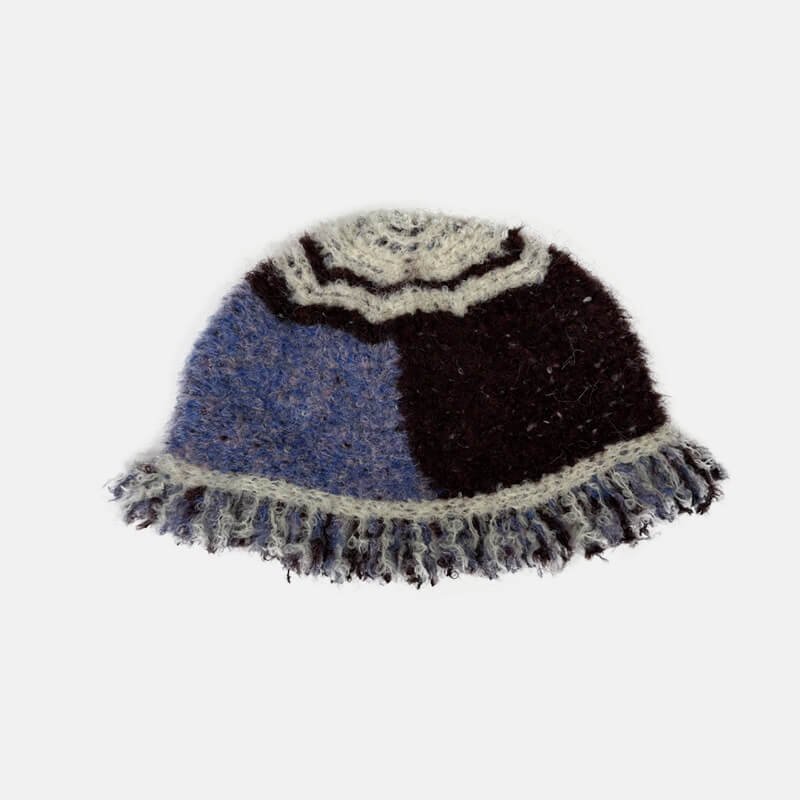 Retro Fringed Edge Patchwork Knitted Bucket Hat