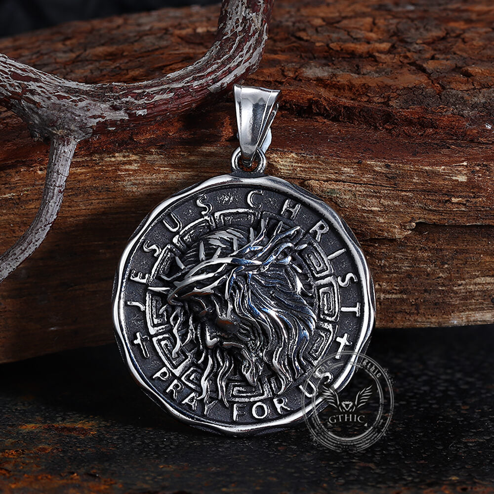 Retro Jesus Head Sacred Heart Pendant in Stainless Steel