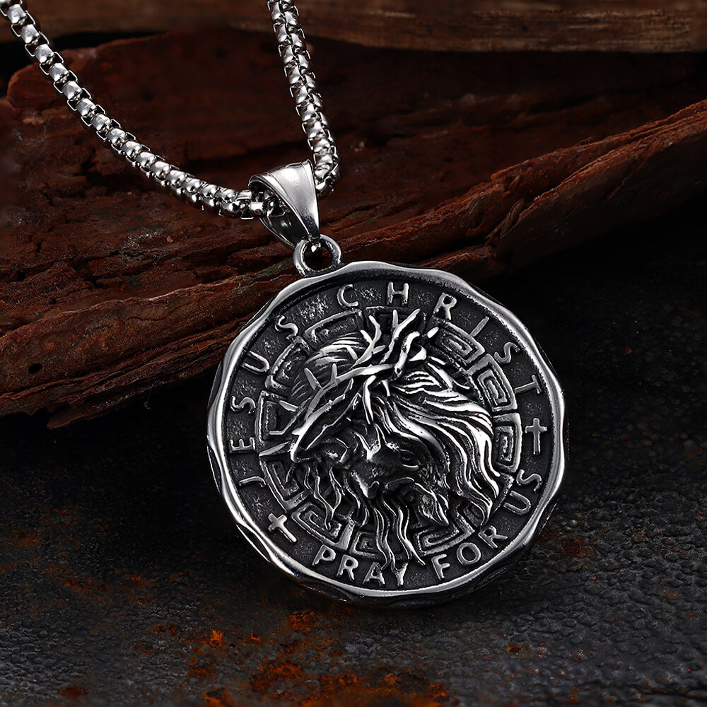 Retro Jesus Head Sacred Heart Pendant in Stainless Steel