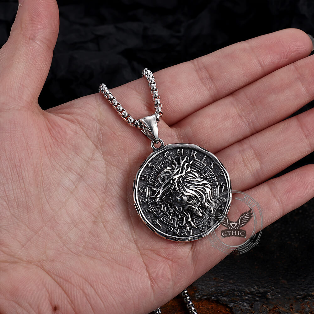 Retro Jesus Head Sacred Heart Pendant in Stainless Steel