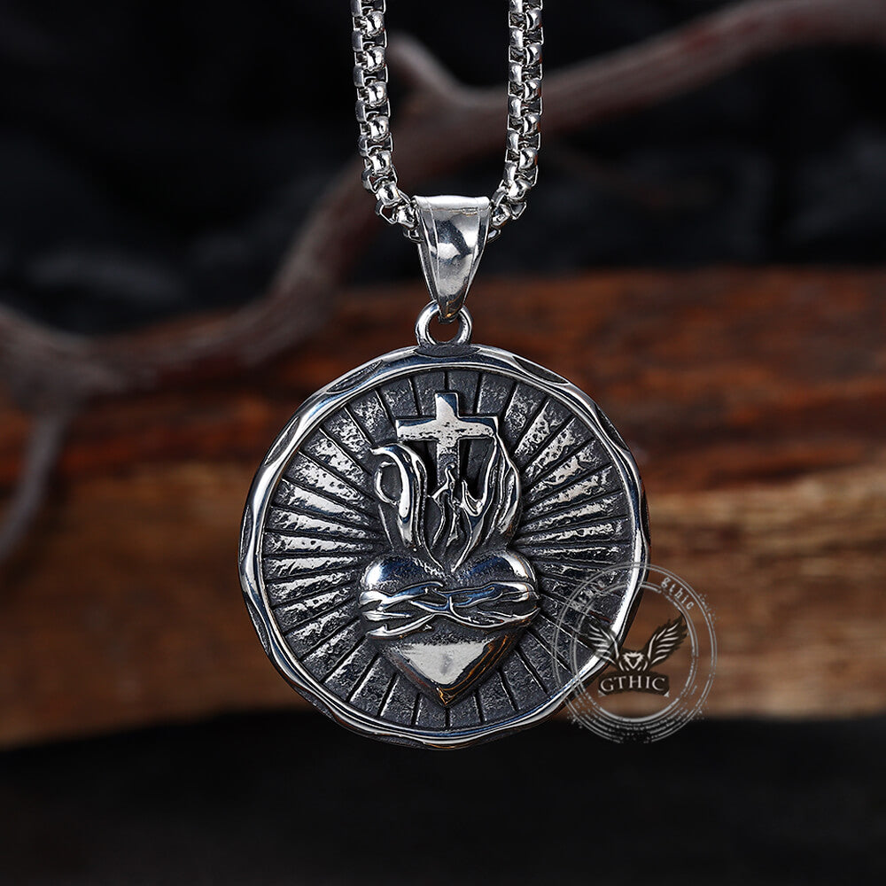 Retro Jesus Head Sacred Heart Pendant in Stainless Steel