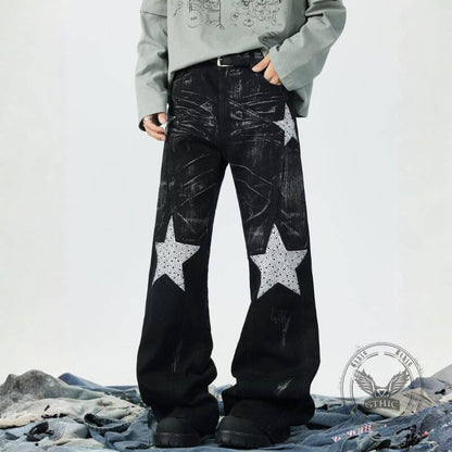 Retro Rhinestone Star Denim Hip-Hop Distressed Flared Pants