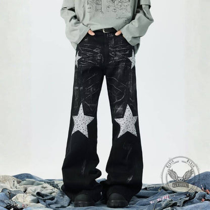 Retro Rhinestone Star Denim Hip-Hop Distressed Flared Pants