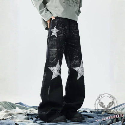Retro Rhinestone Star Denim Hip-Hop Distressed Flared Pants