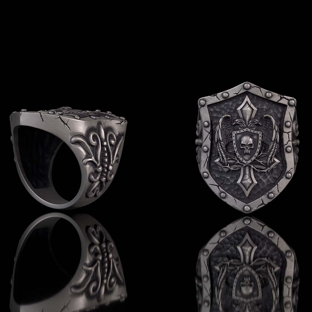 Retro Winged Skull Shield Cross Sterling Silver Ring