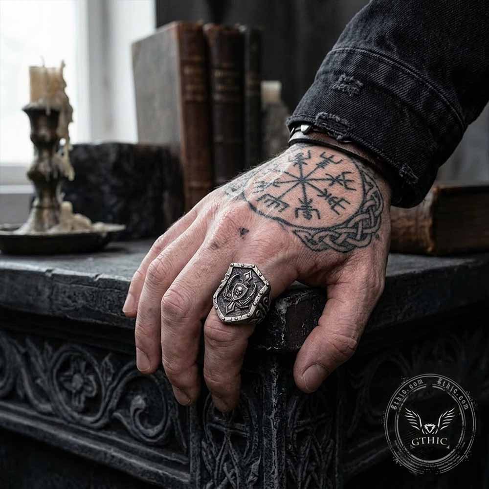 Retro Winged Skull Shield Cross Sterling Silver Ring