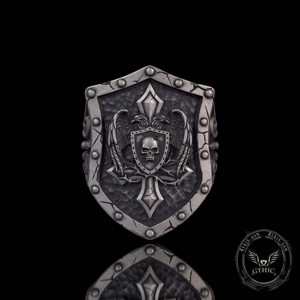 Retro Winged Skull Shield Cross Sterling Silver Ring