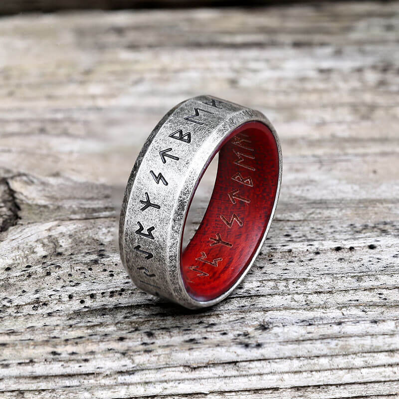 Retro Wood Runes Viking Ring in Stainless Steel