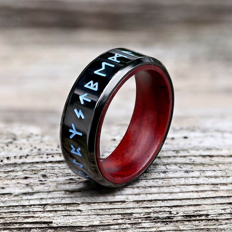 Retro Wood Runes Viking Ring in Stainless Steel