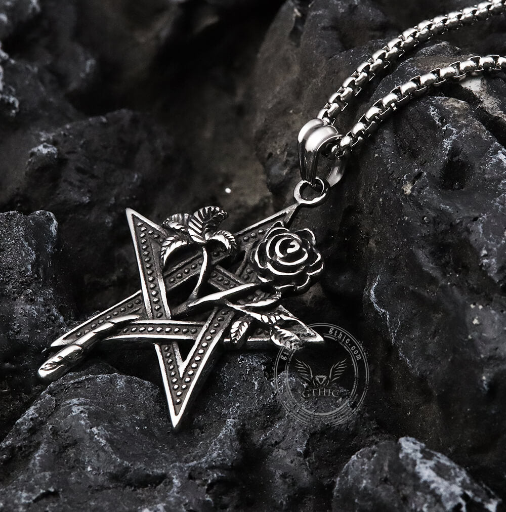 Rose And Pentagram Pendant in Stainless Steel