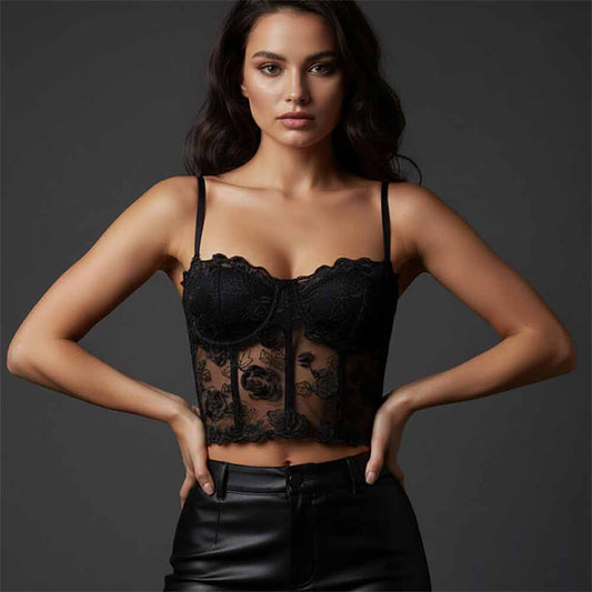 Rose Embroidered Mesh Corset Tube Top