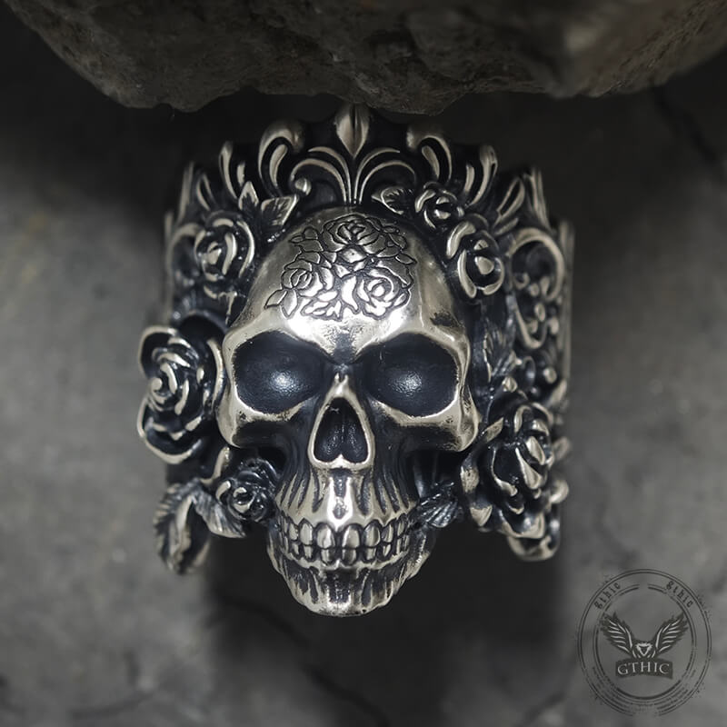 Rose Vine Pattern Skull Sterling Silver Ring