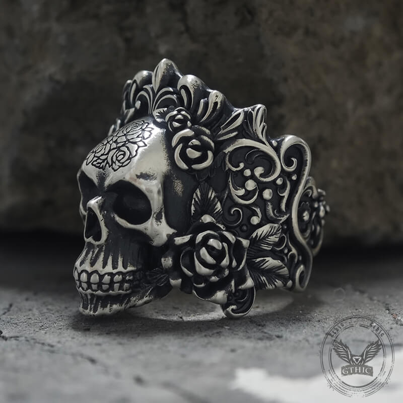 Rose Vine Pattern Skull Sterling Silver Ring