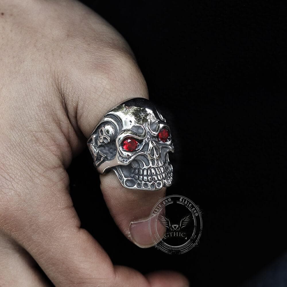 Ruby & Sapphire Eye Stainless Steel Skull Ring