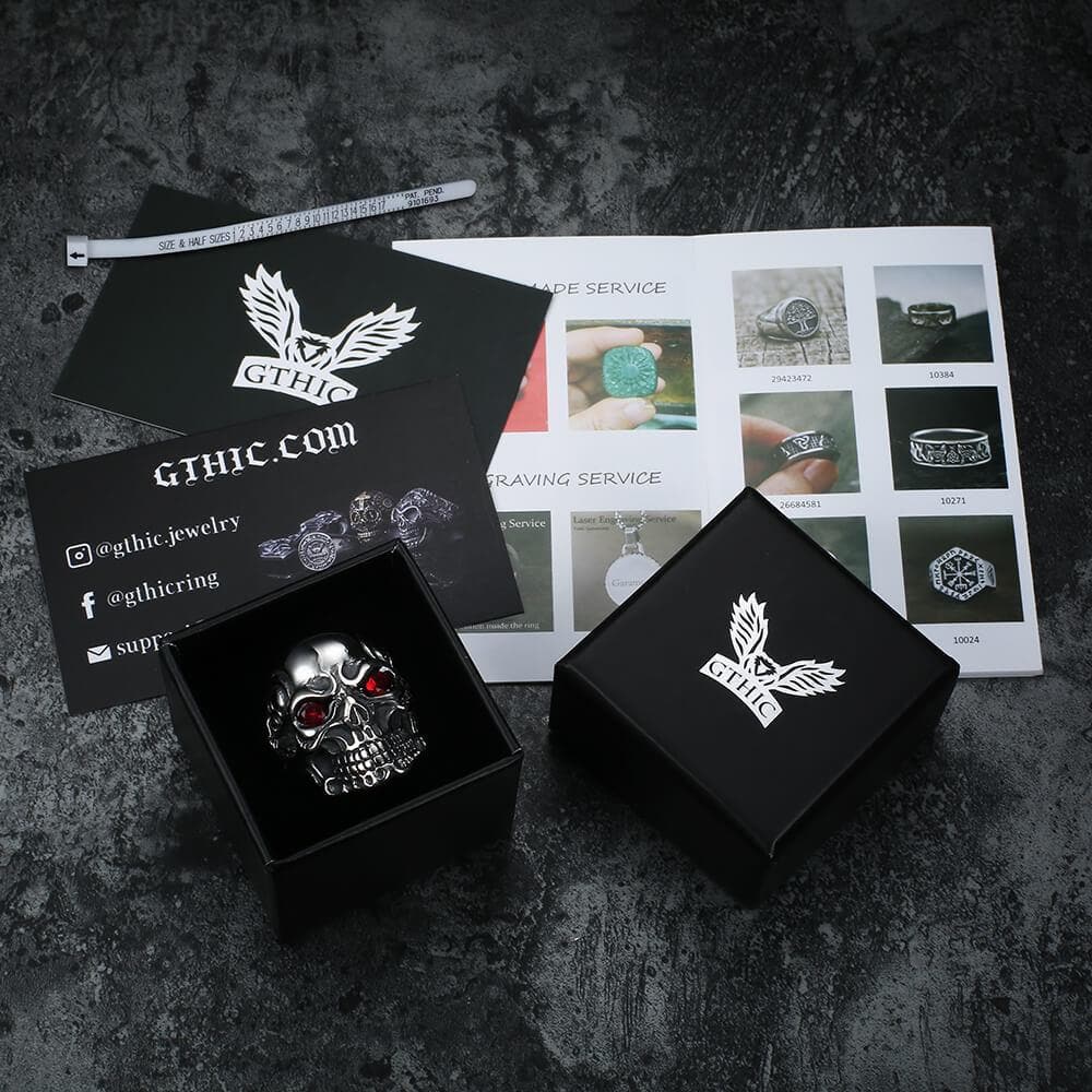 Ruby & Sapphire Eye Stainless Steel Skull Ring
