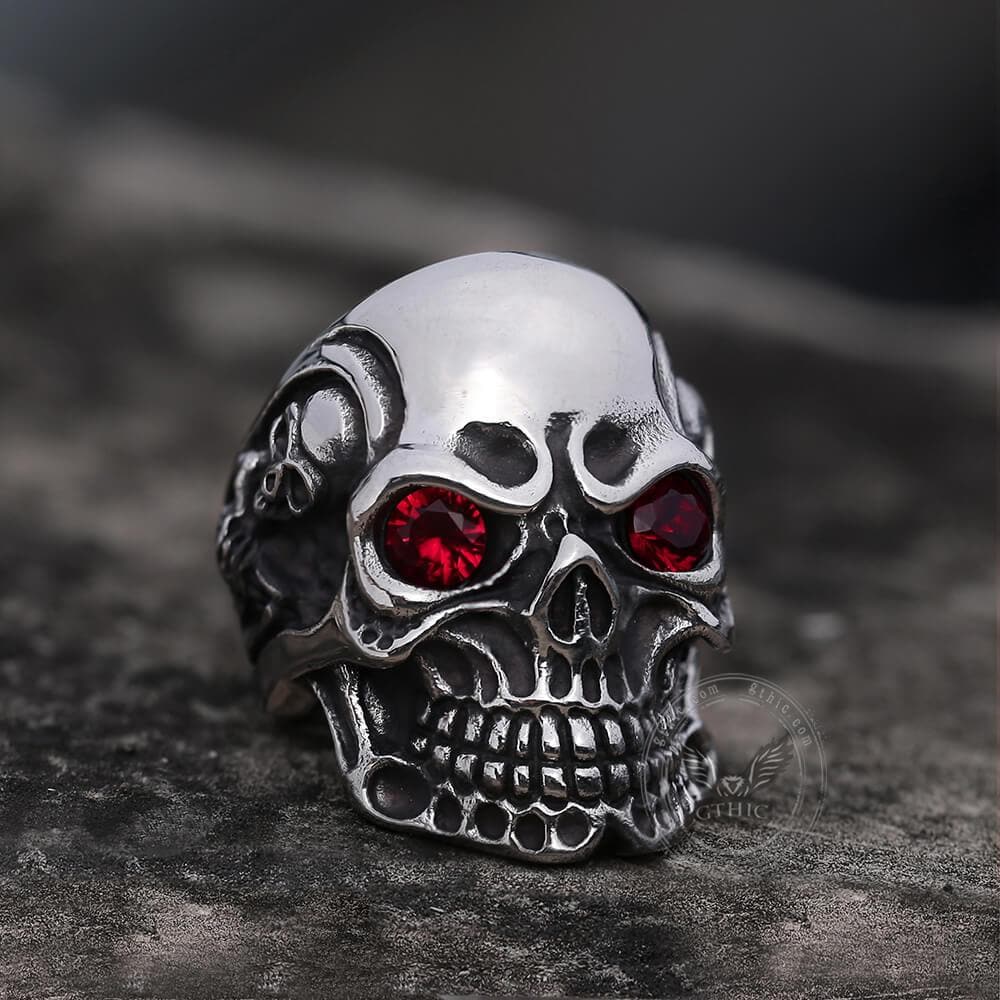 Ruby & Sapphire Eye Stainless Steel Skull Ring