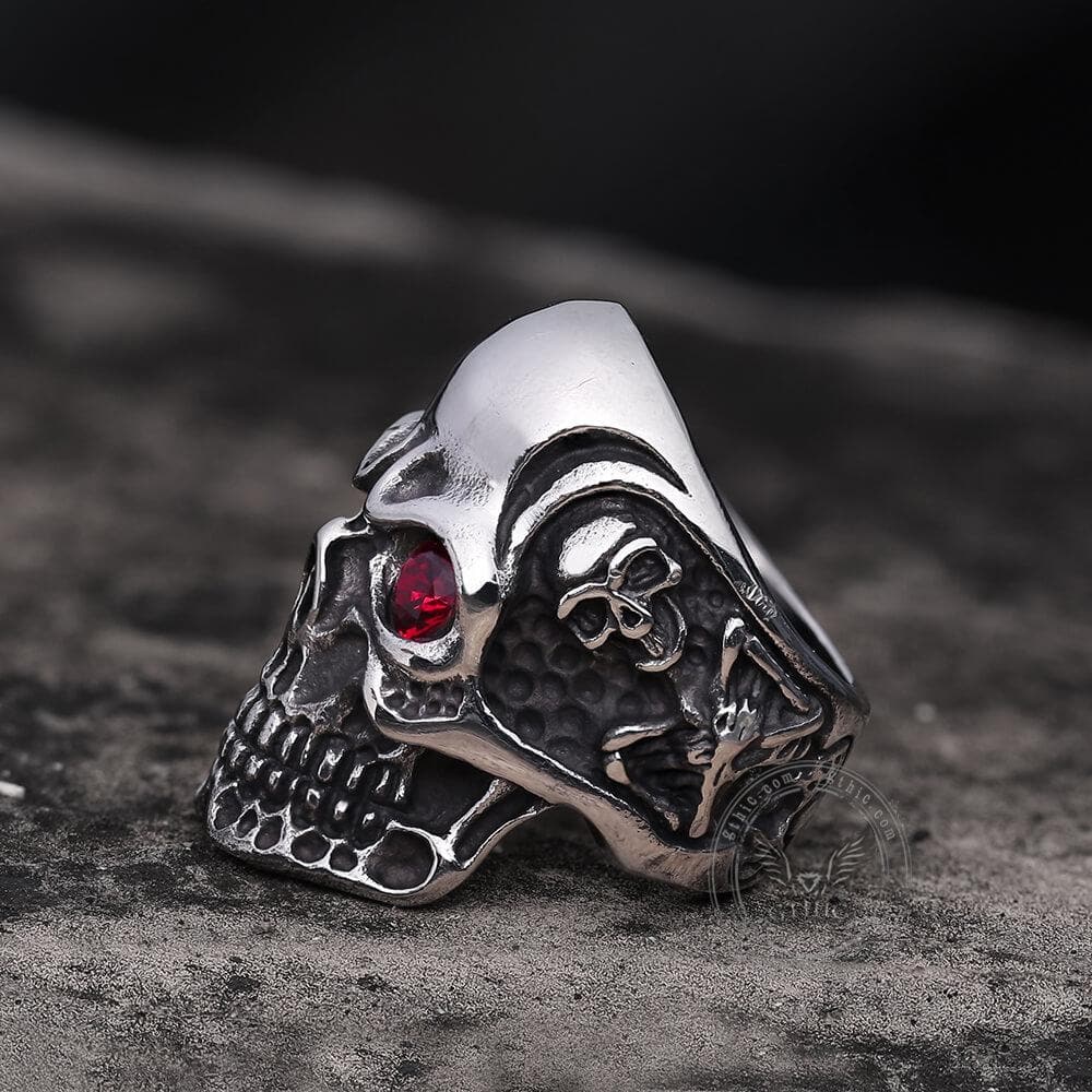 Ruby & Sapphire Eye Stainless Steel Skull Ring