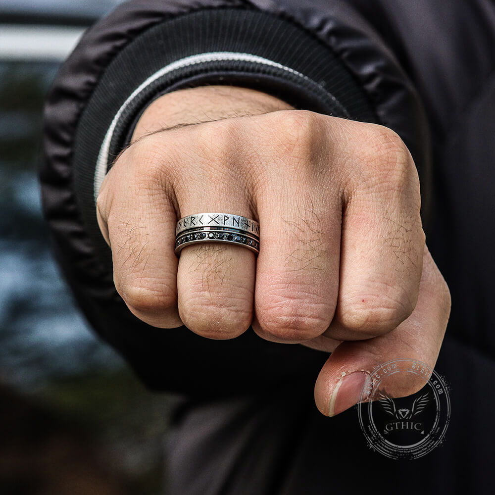 Runes Black Stone Ring in Stainless Steel