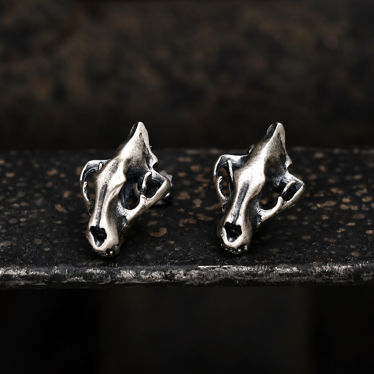 Saber Tooth Tiger Skull Head Stud Earrings in Sterling Silver