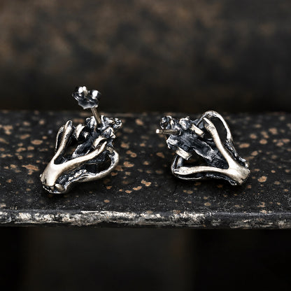 Saber Tooth Tiger Skull Head Stud Earrings in Sterling Silver