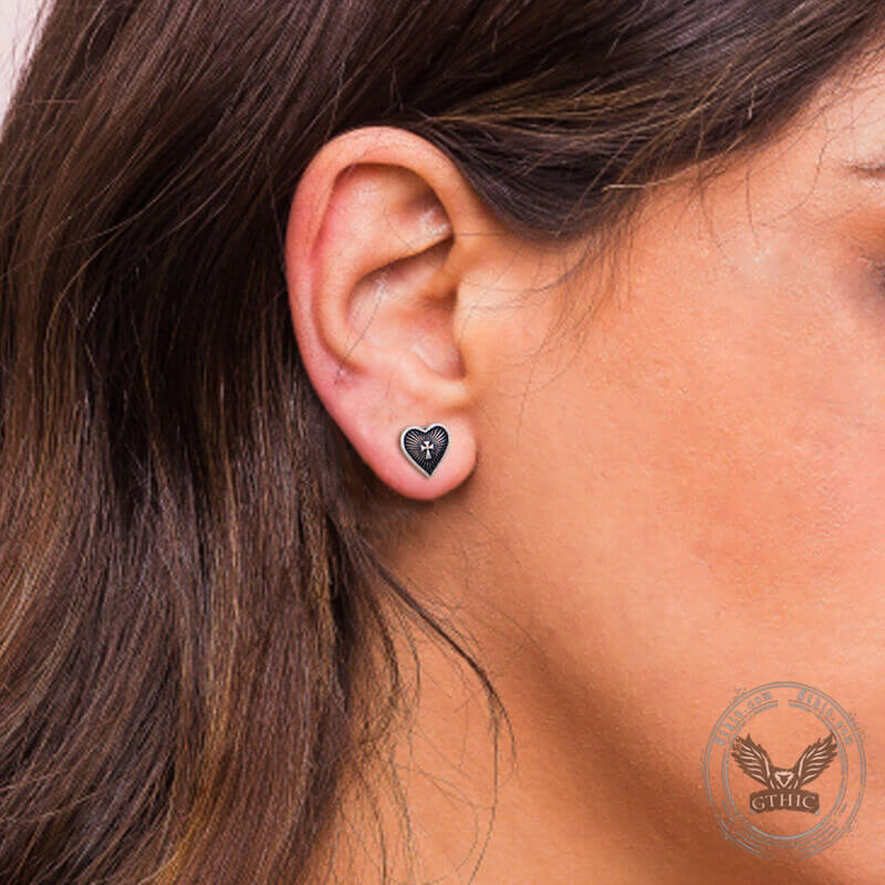 Sacred Heart Cross Stud Earrings in Sterling Silver