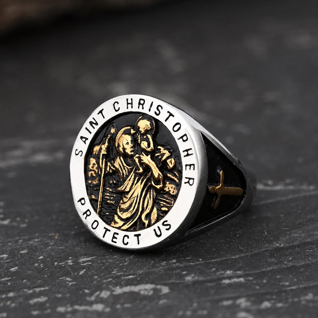 Saint Christopher Protect Us Cross Ring in Stainless Steel
