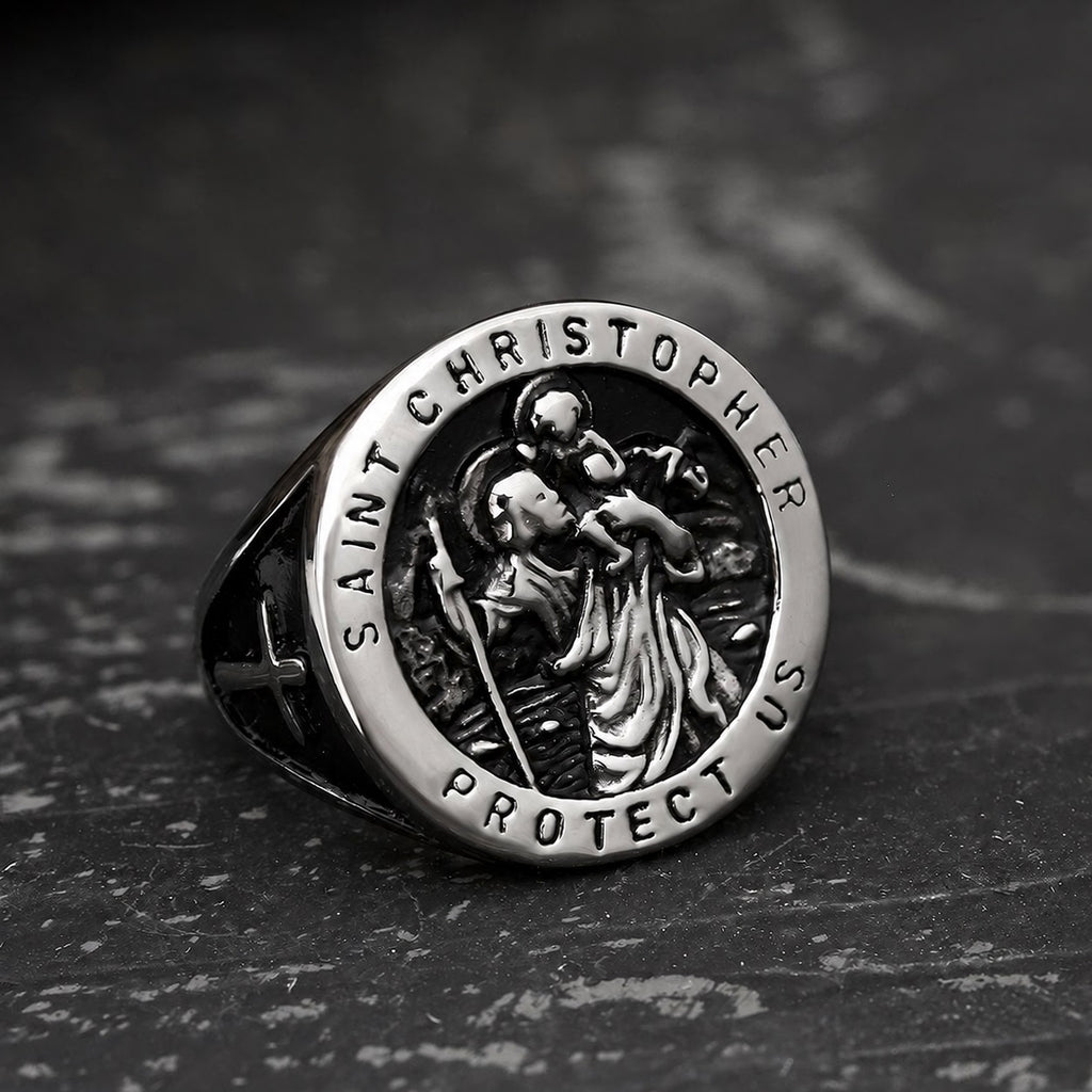 Saint Christopher Protect Us Cross Ring in Stainless Steel