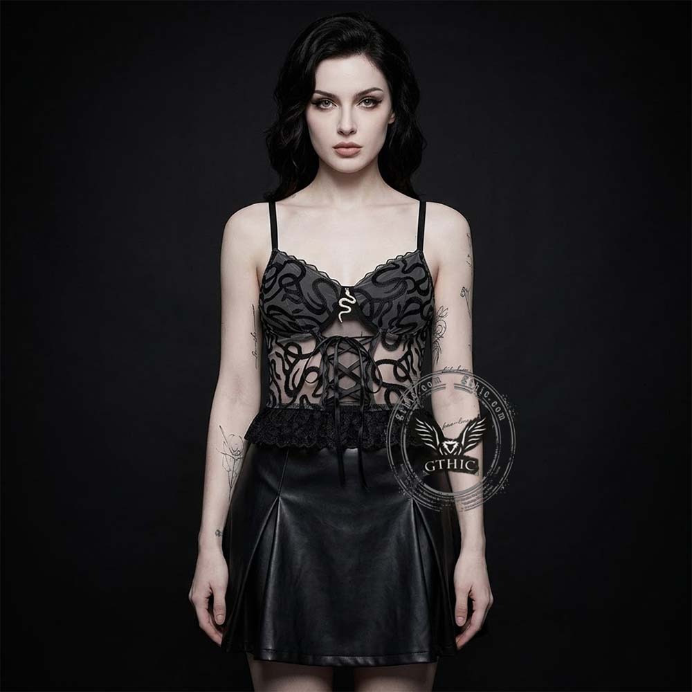 See-Through Snakeskin Embroidery Lace Hem Camisole