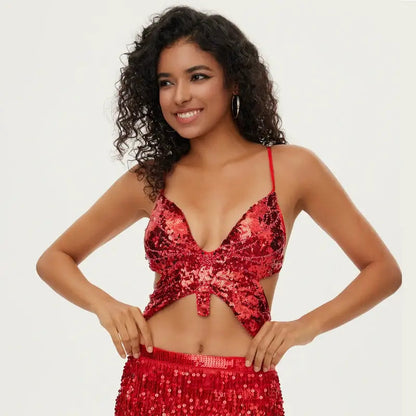 Sequin Butterfly Adjustable Tie Cropped Top