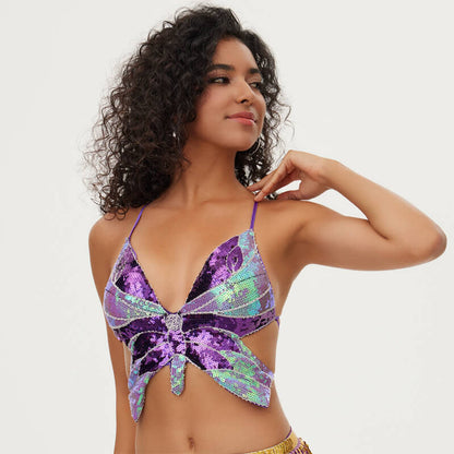 Sequin Butterfly Adjustable Tie Cropped Top