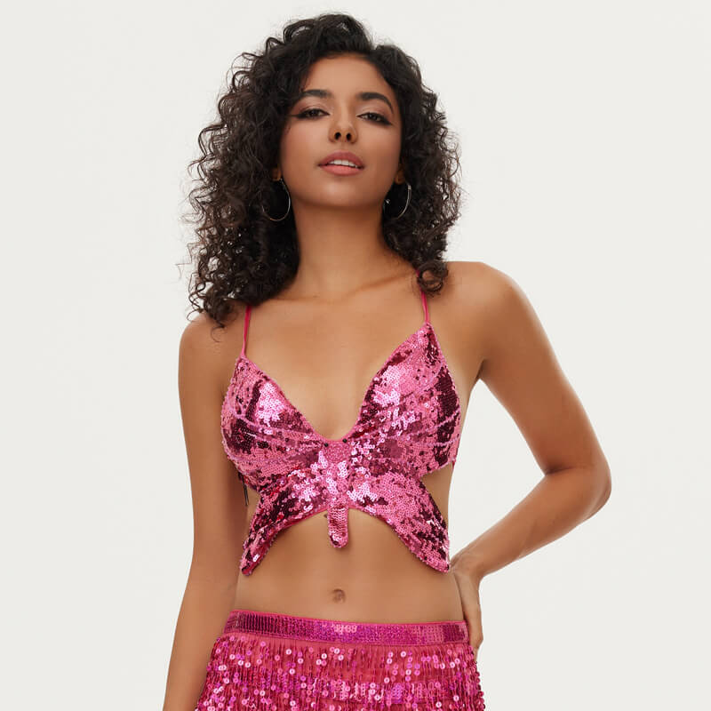 Sequin Butterfly Adjustable Tie Cropped Top