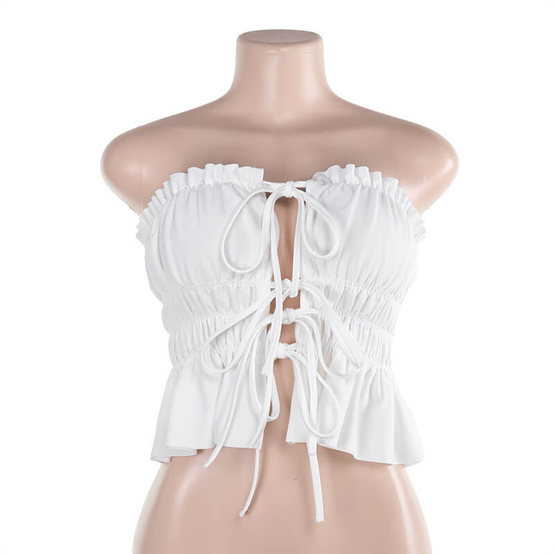 Sexy Elastic Pleated Lace-Up Cropped Tube Top