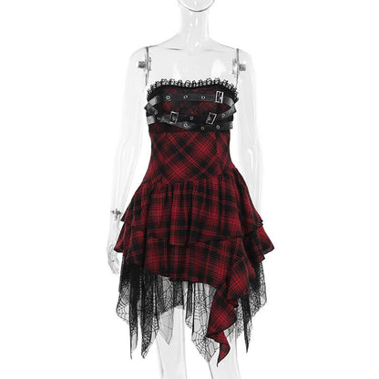 Sexy Red Plaid Tube Top Spider Web Hem Dress