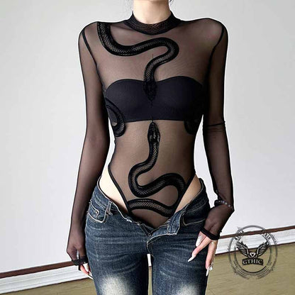 Sexy Sheer Snake Print Crew Neck Mesh Bodysuit