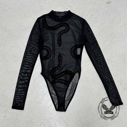 Sexy Sheer Snake Print Crew Neck Mesh Bodysuit
