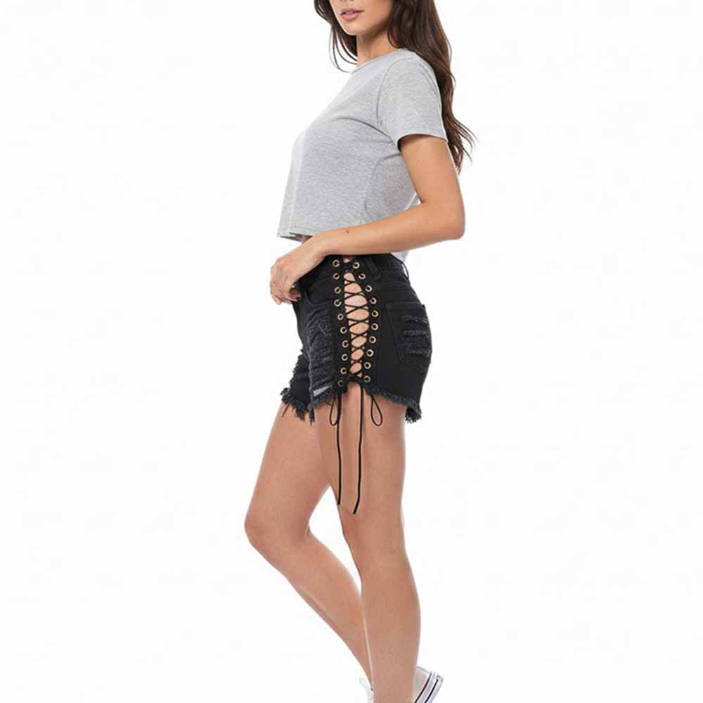 Sexy Side Lace-Up Design Solid Color Ripped Shorts