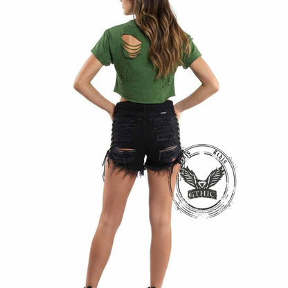 Sexy Side Lace-Up Design Solid Color Ripped Shorts