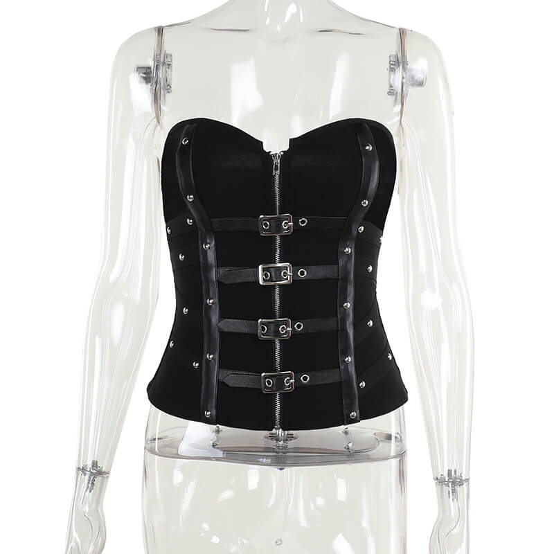 Sexy Slim Fit Fishbone Leather Buttoned Tube Top