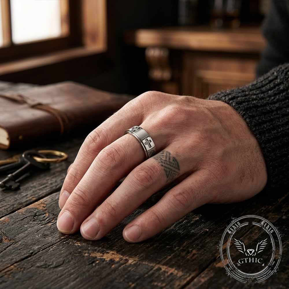 Simple Diamond-Set Cross Stainless Steel Spinner Ring