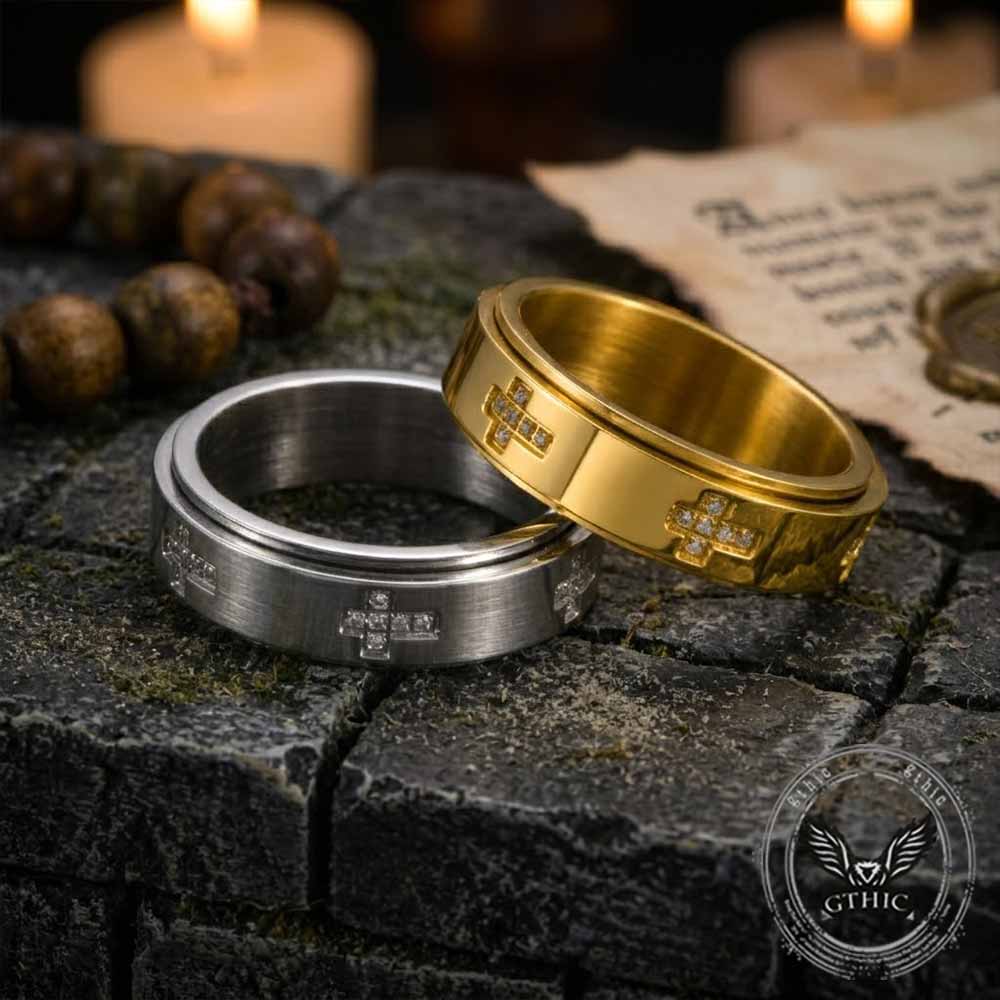 Simple Diamond-Set Cross Stainless Steel Spinner Ring