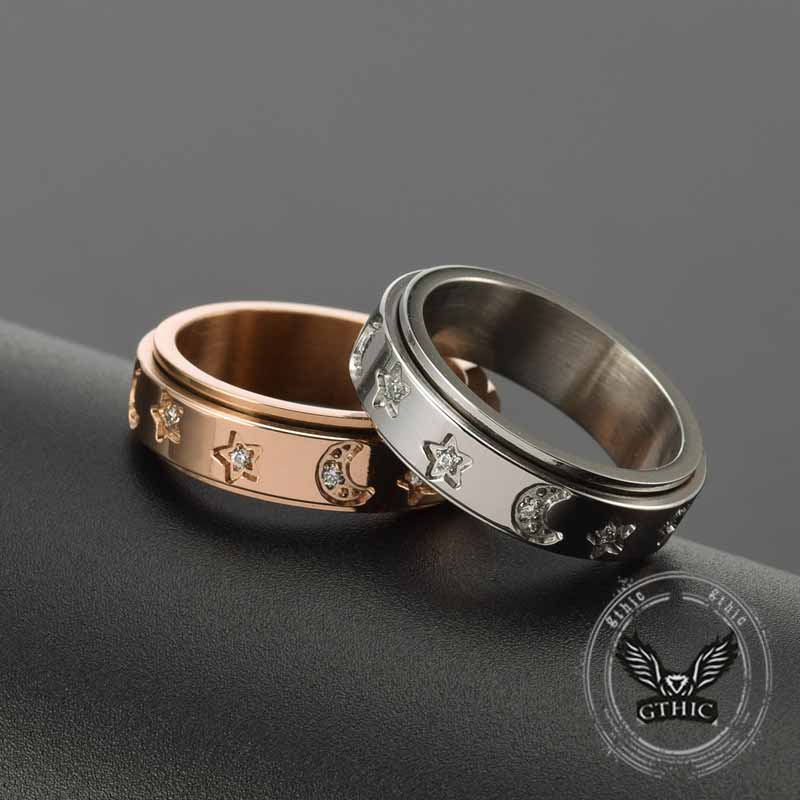 Simple Diamond-Set Star Moon Stainless Steel Spinner Ring