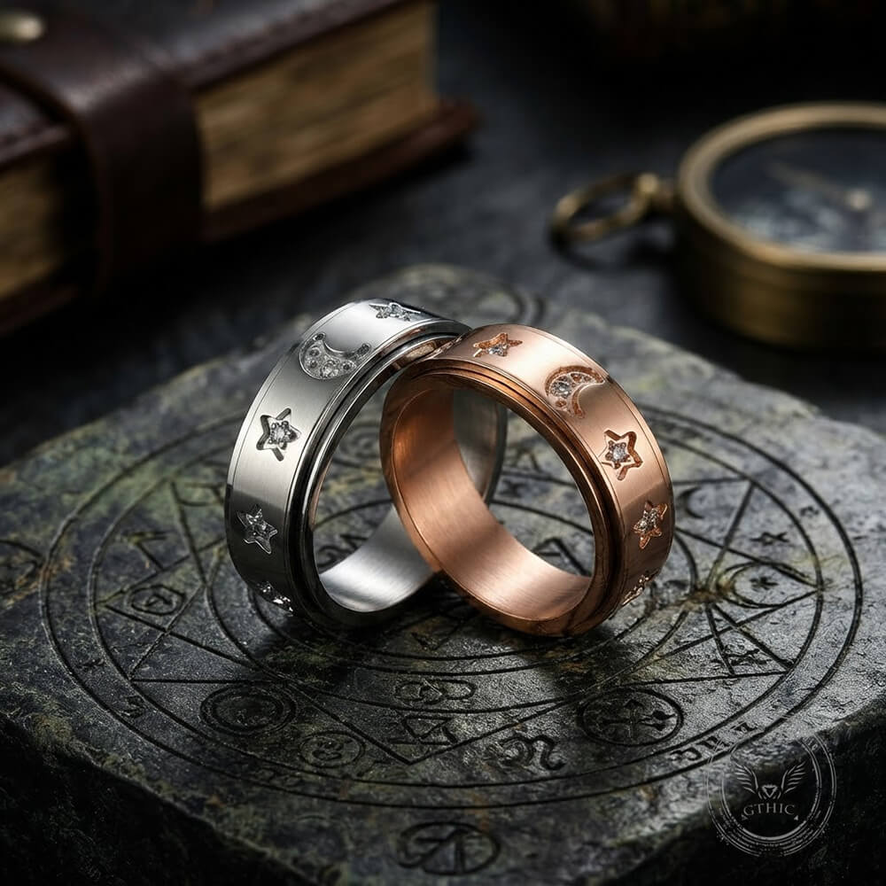 Simple Diamond-Set Star Moon Stainless Steel Spinner Ring