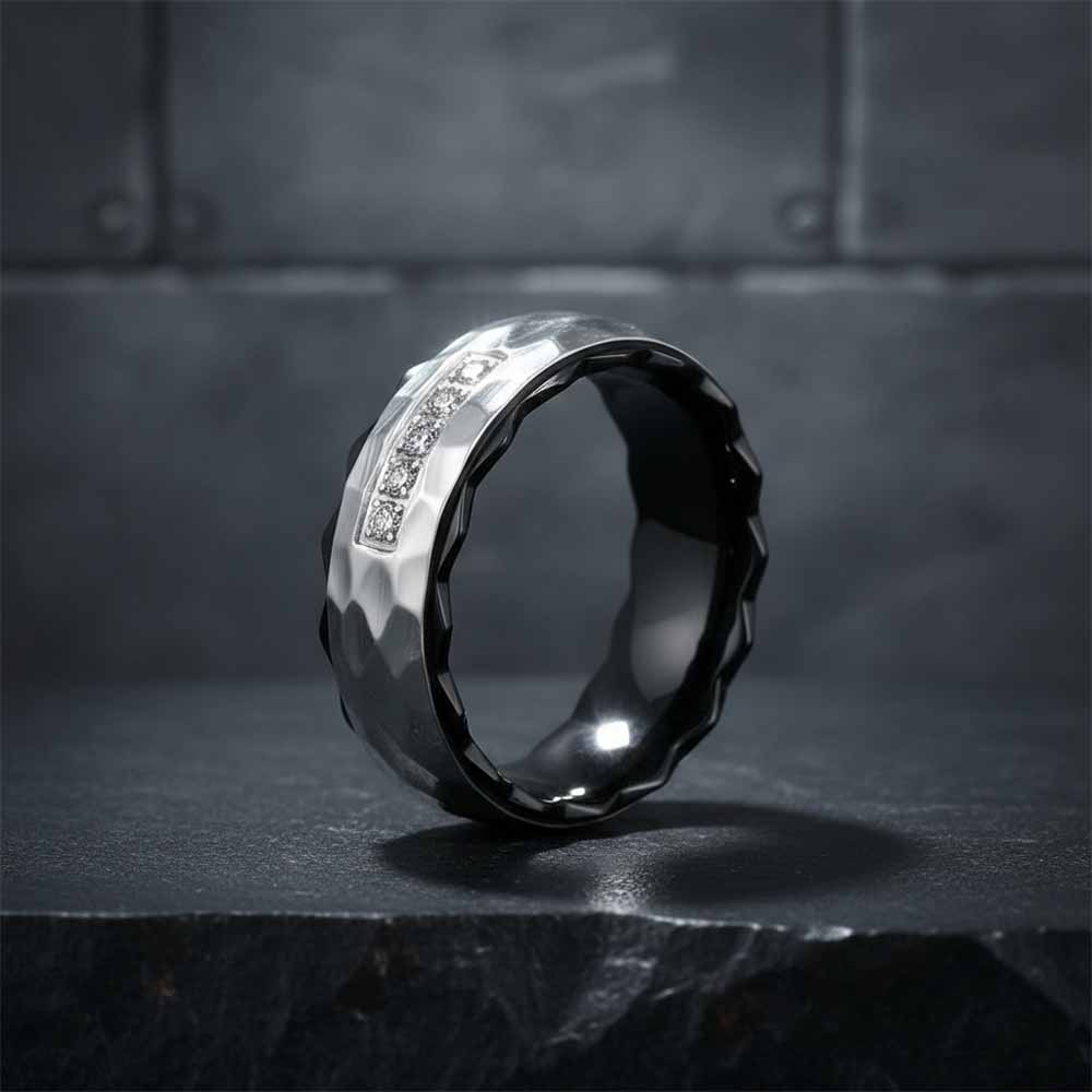 Simple Gem-Set Two-Tone Gear Ring in Stainless Steel