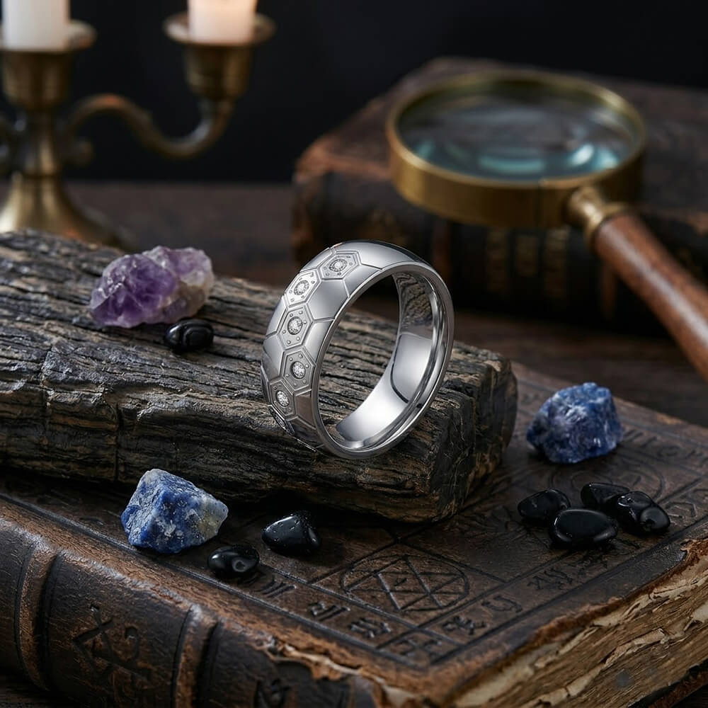 Simple Gem Hexagon Pattern Soccer Ring in Stainless Steel