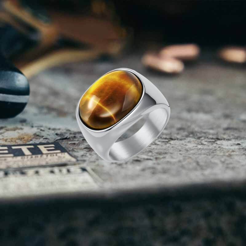 Simple Oval Tiger Eye Stone Ring in Stainless Steel